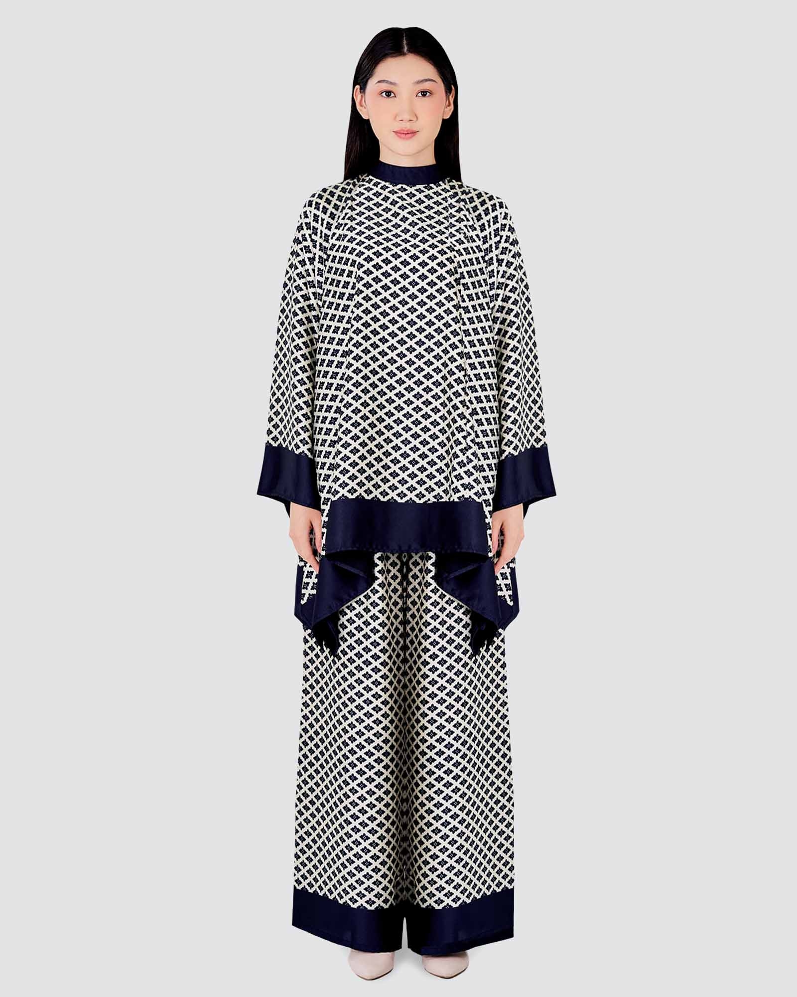 BLUE CRUISE FLOWY SATIN CO-ORD SET - BLACK PEARL