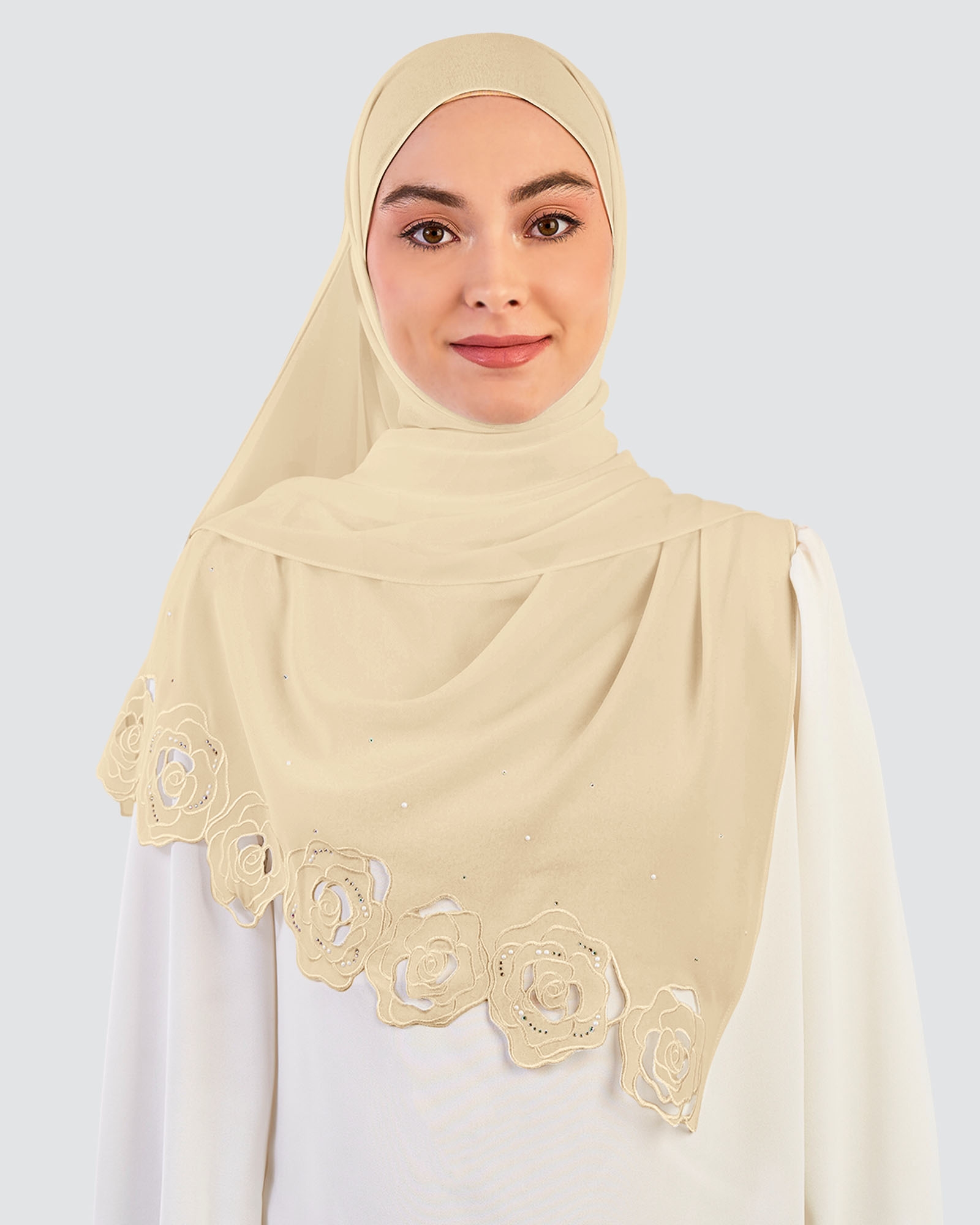 ROSE EMBROIDERED CRYSTAL SHAWL - BUTTERCREAM