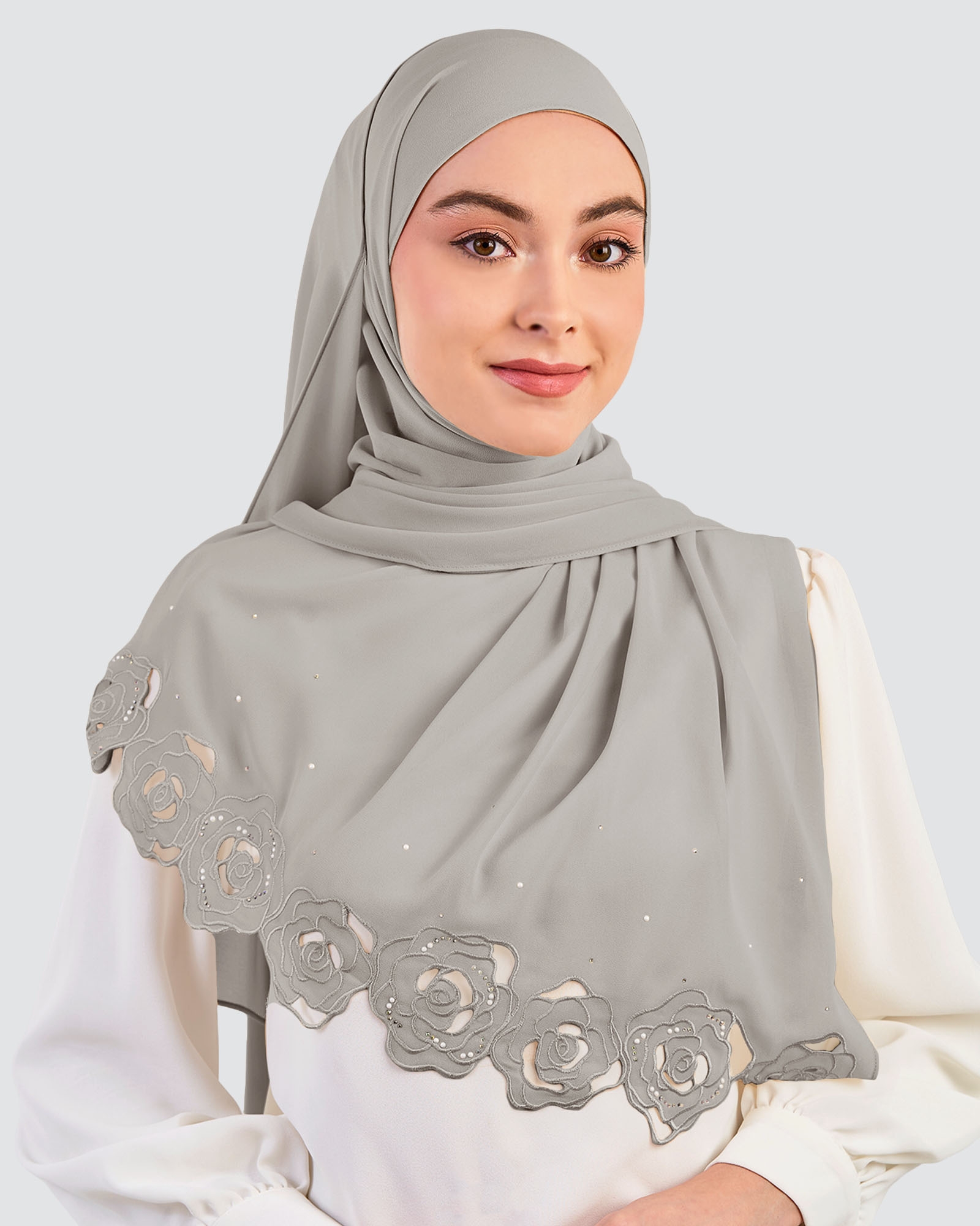 ROSE EMBROIDERED CRYSTAL SHAWL - CEMENT