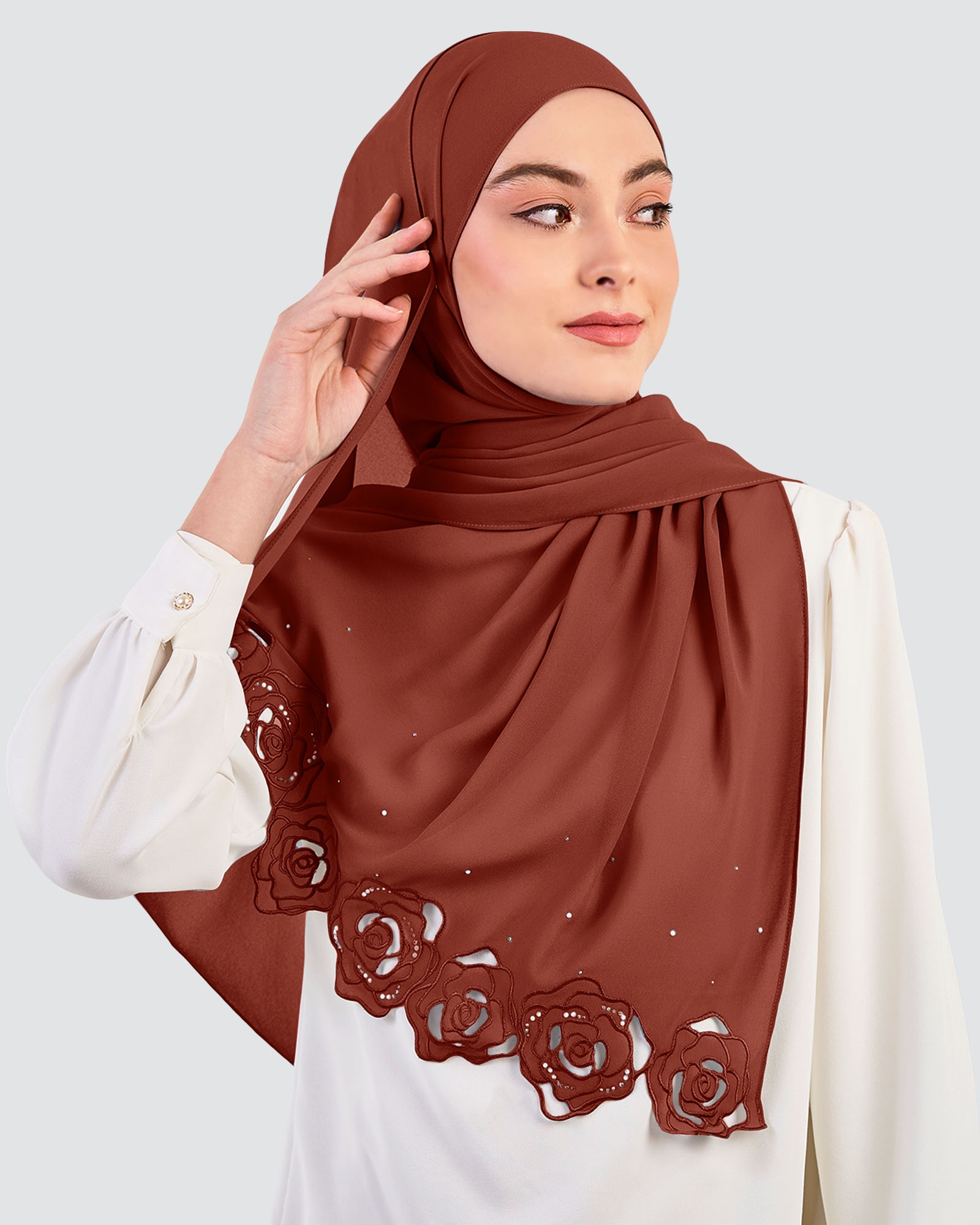 ROSE EMBROIDERED CRYSTAL SHAWL - REDWOOD