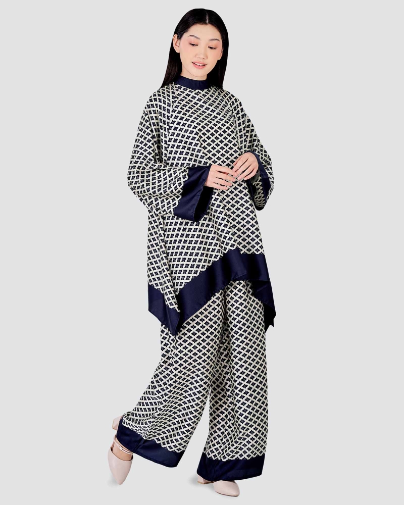 Image of BLUE CRUISE FLOWY SATIN CO-ORD SET - BLACK PEARL