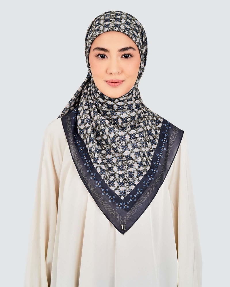 Image of ECHO GEOMETRIC COTTON VOILE SQUARE - INDIGO