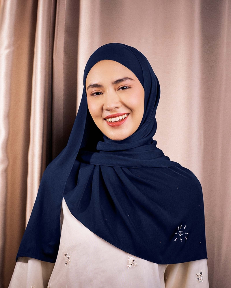 LADY MARISA CRYSTAL MATTE SATIN SHAWL - NAVY BLUE