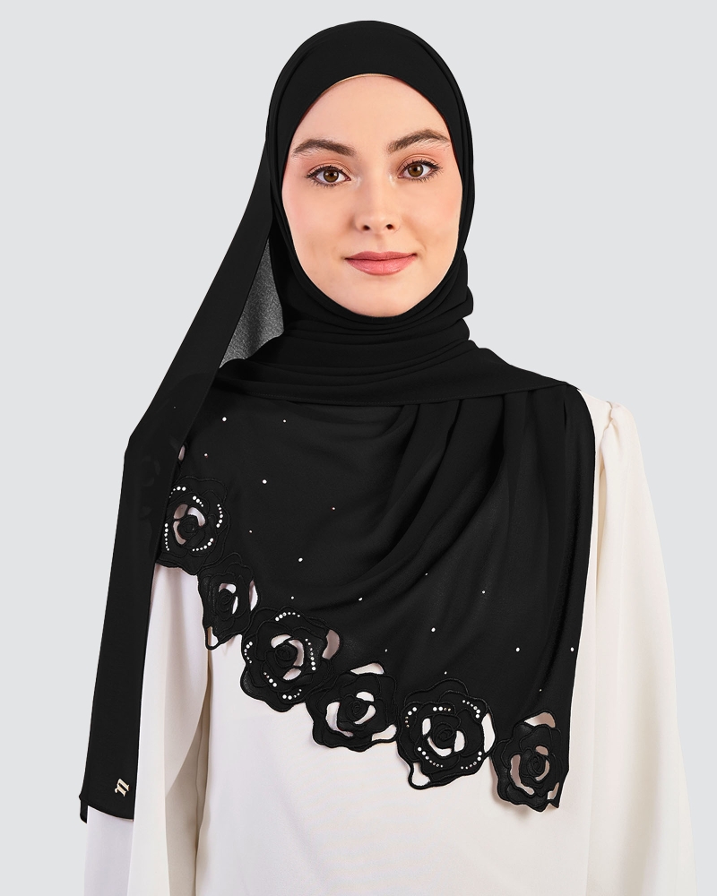 Image of ROSE EMBROIDERED CRYSTAL SHAWL - BLACK