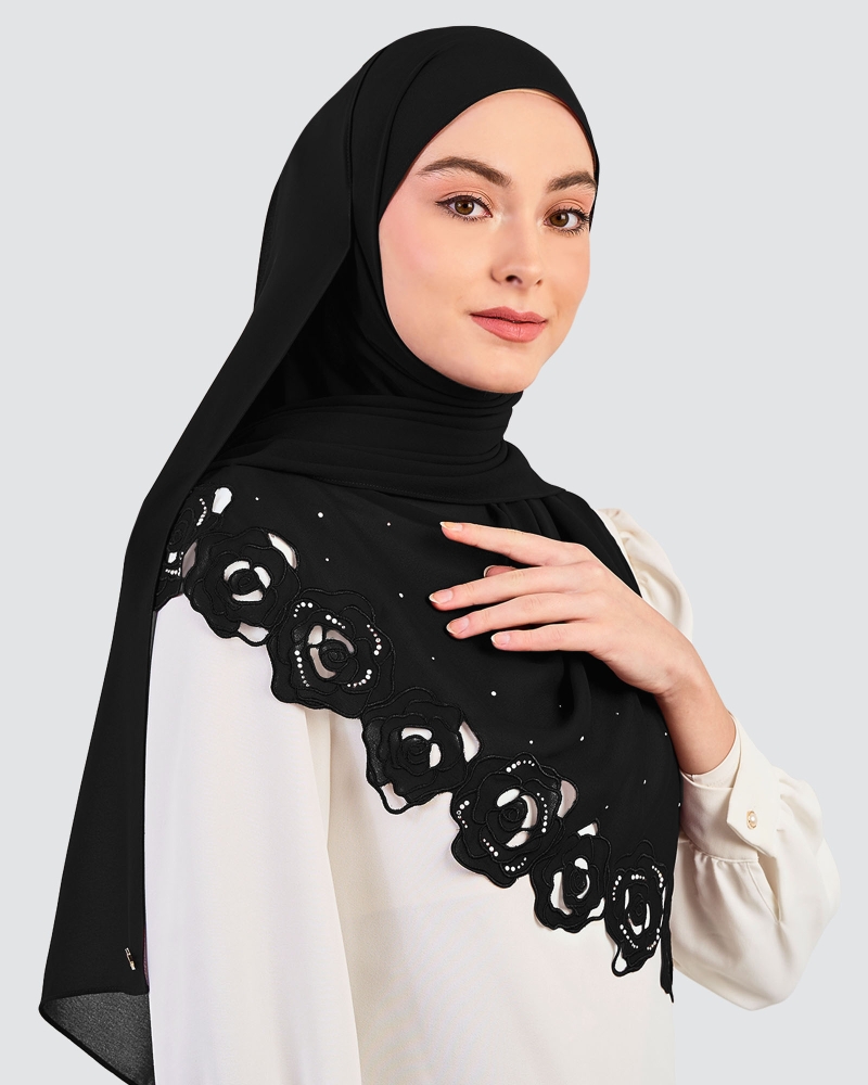 Image of ROSE EMBROIDERED CRYSTAL SHAWL - BLACK