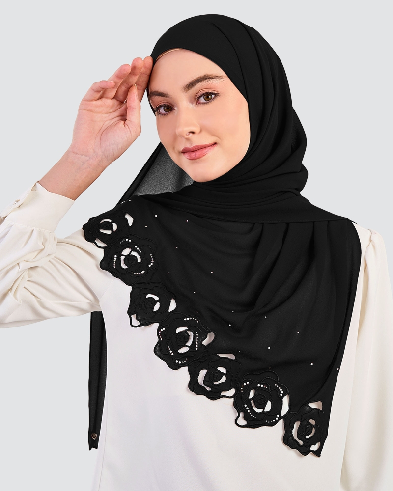 Image of ROSE EMBROIDERED CRYSTAL SHAWL - BLACK