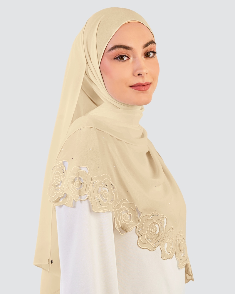 Image of ROSE EMBROIDERED CRYSTAL SHAWL - BUTTERCREAM