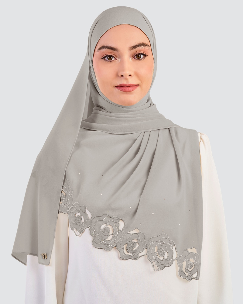 Image of ROSE EMBROIDERED CRYSTAL SHAWL - CEMENT