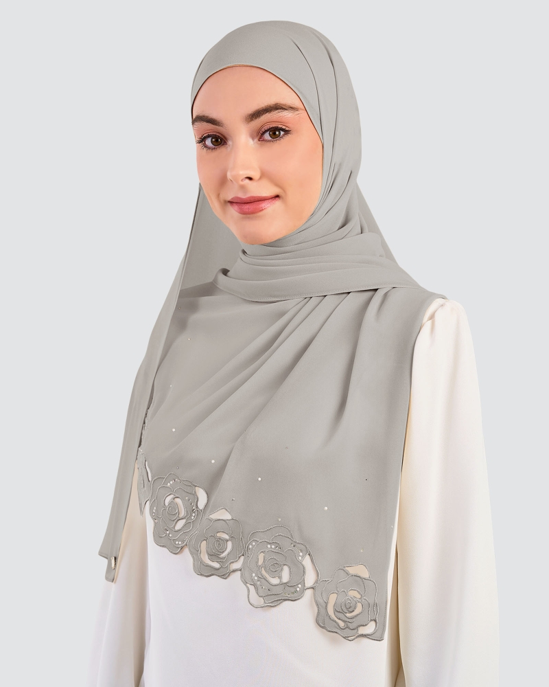 Image of ROSE EMBROIDERED CRYSTAL SHAWL - CEMENT