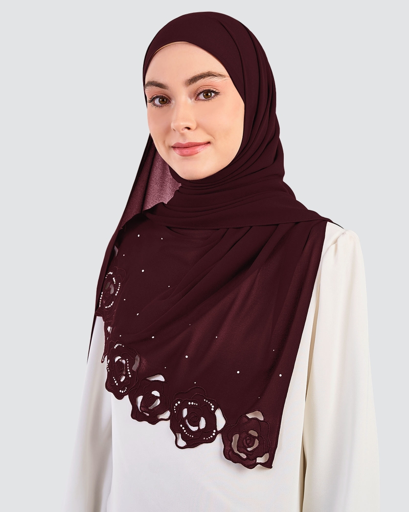 ROSE EMBROIDERED CRYSTAL SHAWL - PRUNE
