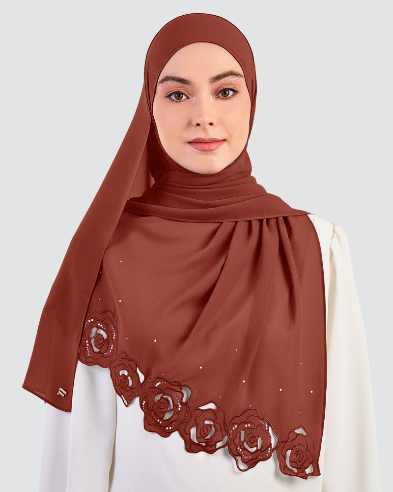 Image of ROSE EMBROIDERED CRYSTAL SHAWL - REDWOOD