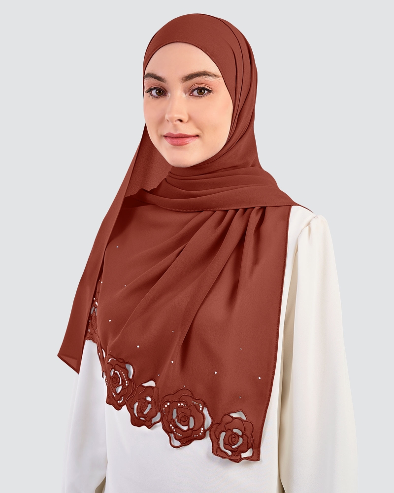 Image of ROSE EMBROIDERED CRYSTAL SHAWL - REDWOOD
