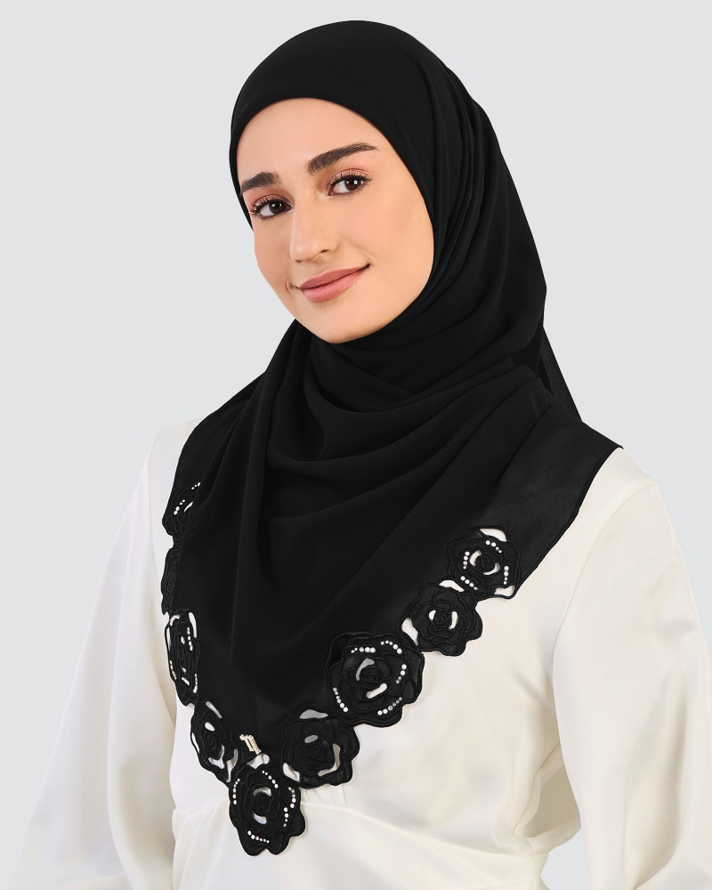 Image of ROSE EMBROIDERED CRYSTAL SQUARE - BLACK