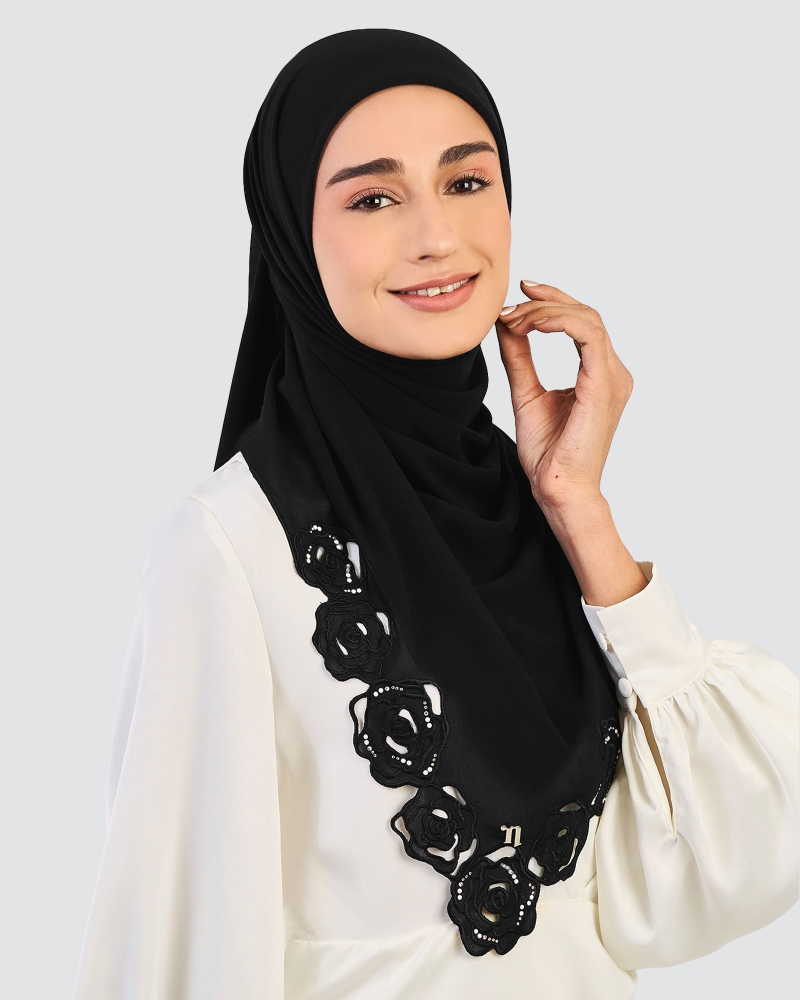 Image of ROSE EMBROIDERED CRYSTAL SQUARE - BLACK