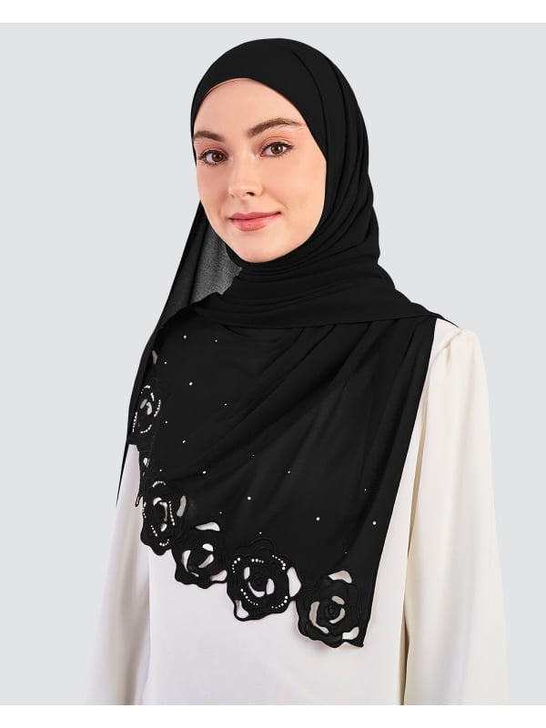 ROSE EMBROIDERED CRYSTAL SHAWL - BLACK