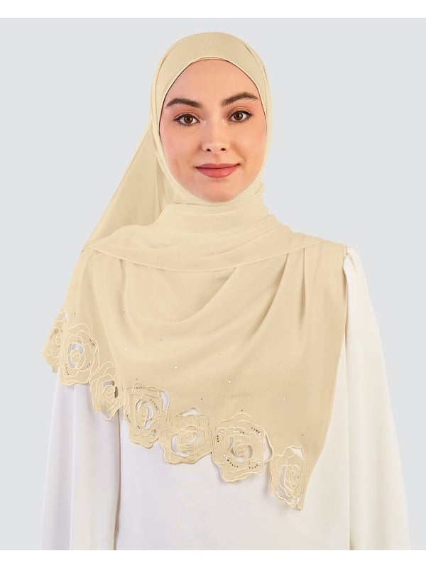 ROSE EMBROIDERED CRYSTAL SHAWL - BUTTERCREAM