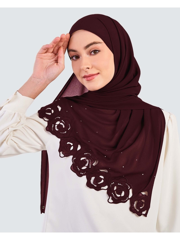 ROSE EMBROIDERED CRYSTAL SHAWL - PRUNE
