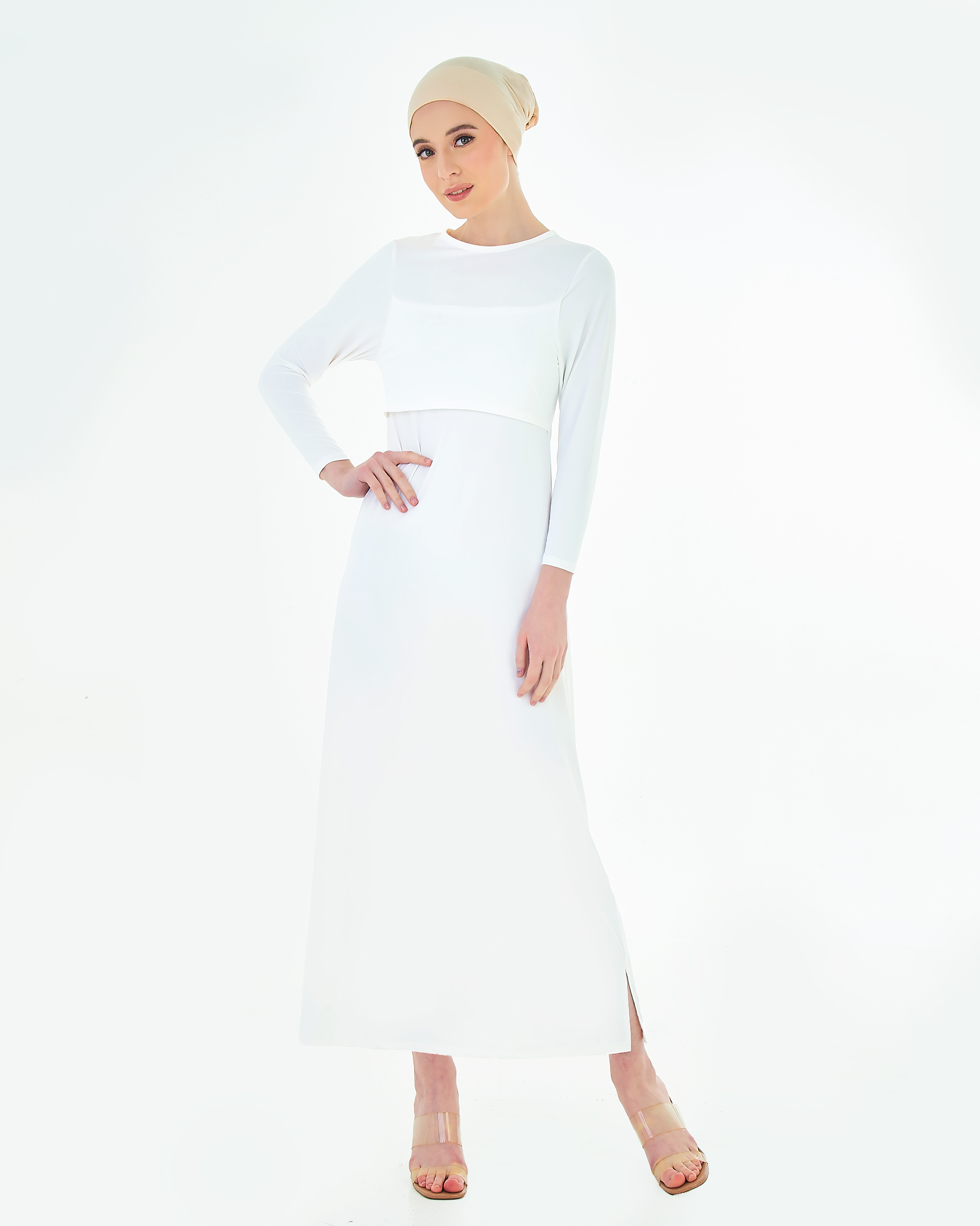 NWEAR CREW NECK LONG SLEEVE DRESS - WHITE